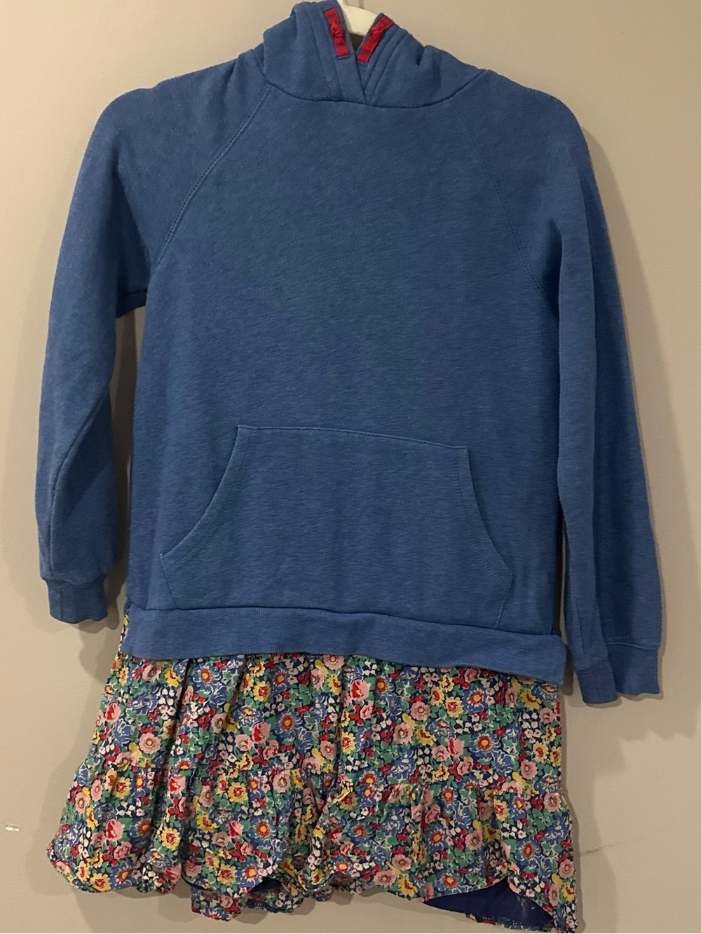 Boden Blue Hooded Pullover with Red Trim and Floral attached Skirt sz 11/12